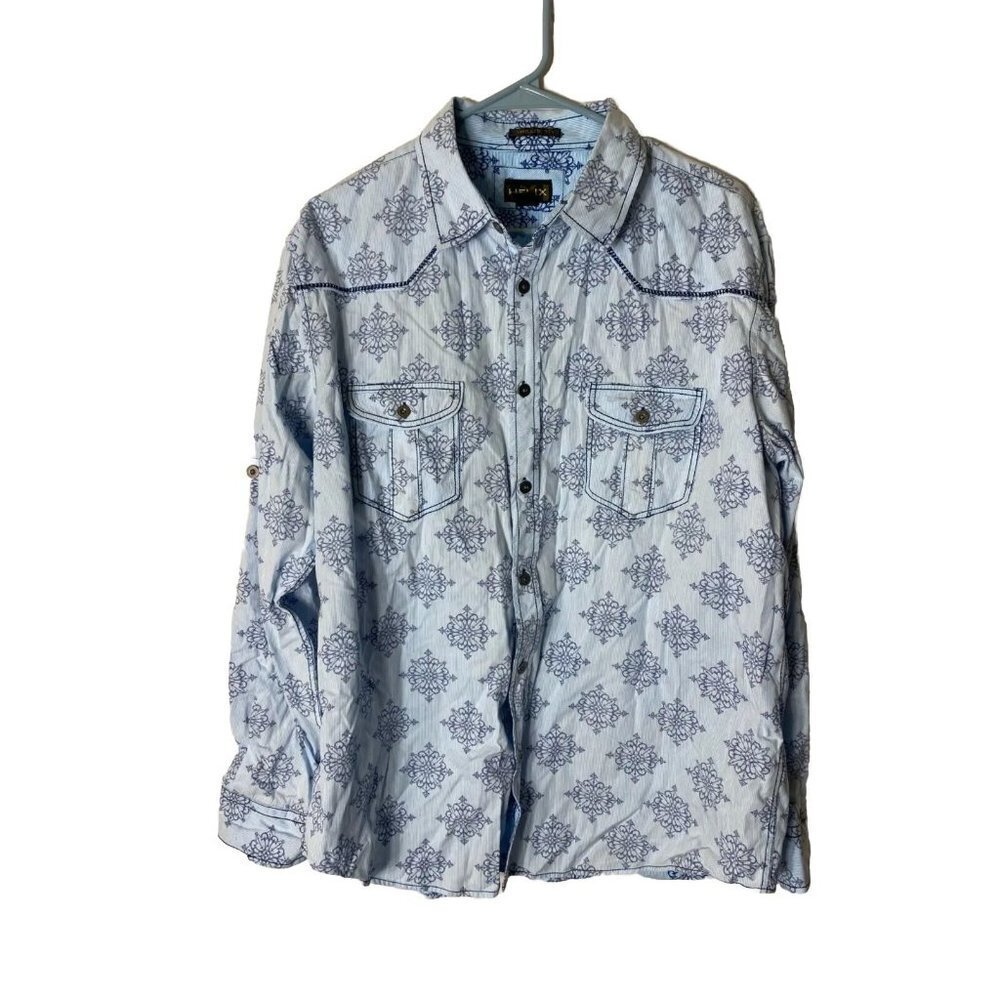 HELIX MENS GREAT DESIGN BLUE PATTERN BUTTON UP LONG SLEEEVE SHIRT SIZE XL